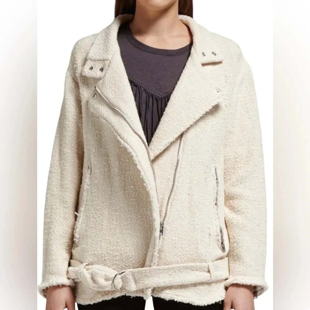 IRO Dorothea Jacket XS Moto Biker Ivory Tweed Bouclé Coat Oversized FR 34